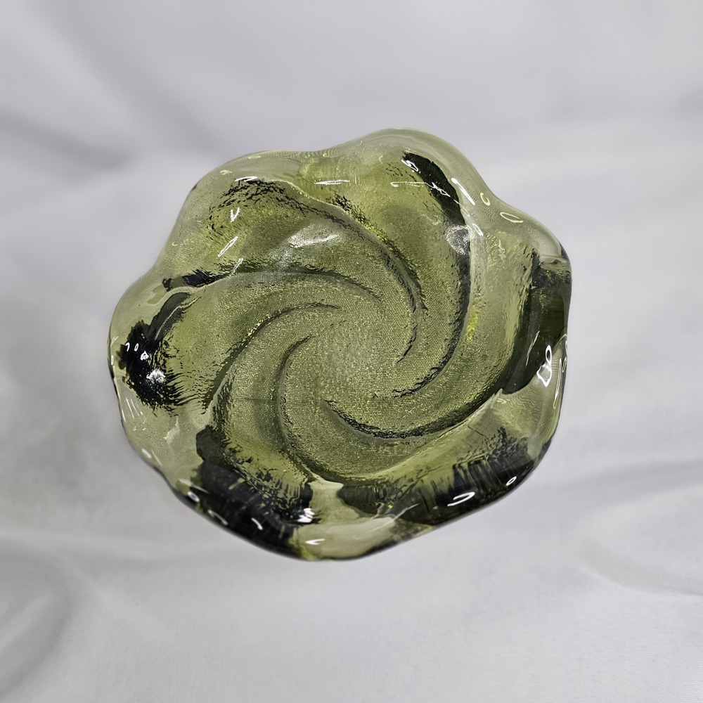 Vintage Fenton Art Glass Smokey Green Swirl 5" Trinket Dish